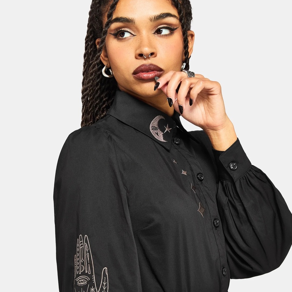 New Dysturbia Ravyn Moon and Star Embroidered Poplin Shirt, Size 8 - Goth - Picture 2 of 5
